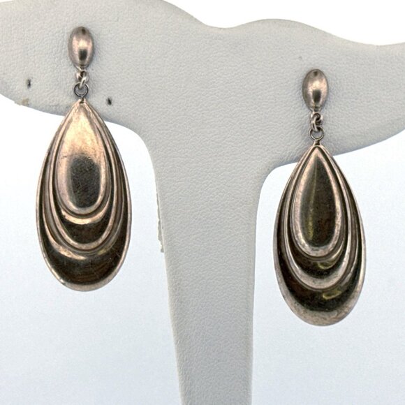 Estate Sterling Silver 925 Italy Retro Teardrop Stud Earrings EZ Push Backs - Picture 1 of 8